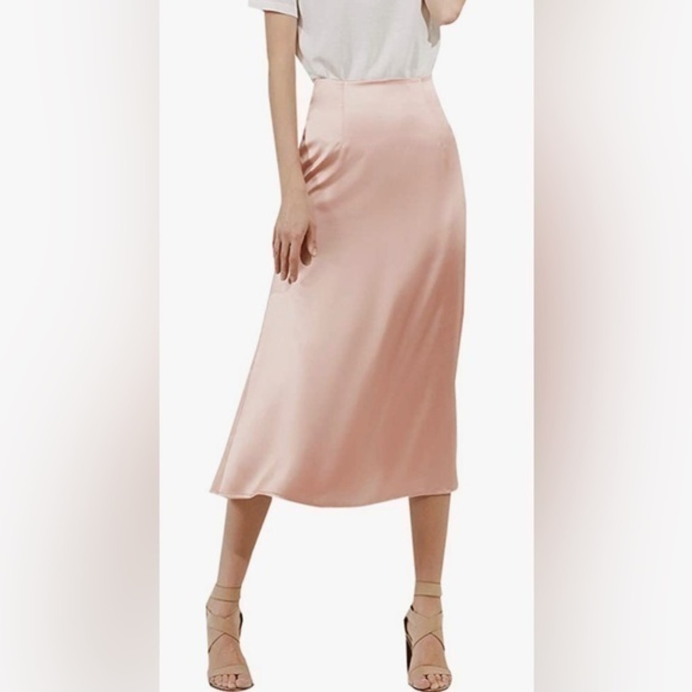 LYANER Satin High Waist Zipper Flare A-line Midi Skirt. Light Pink.  Lg